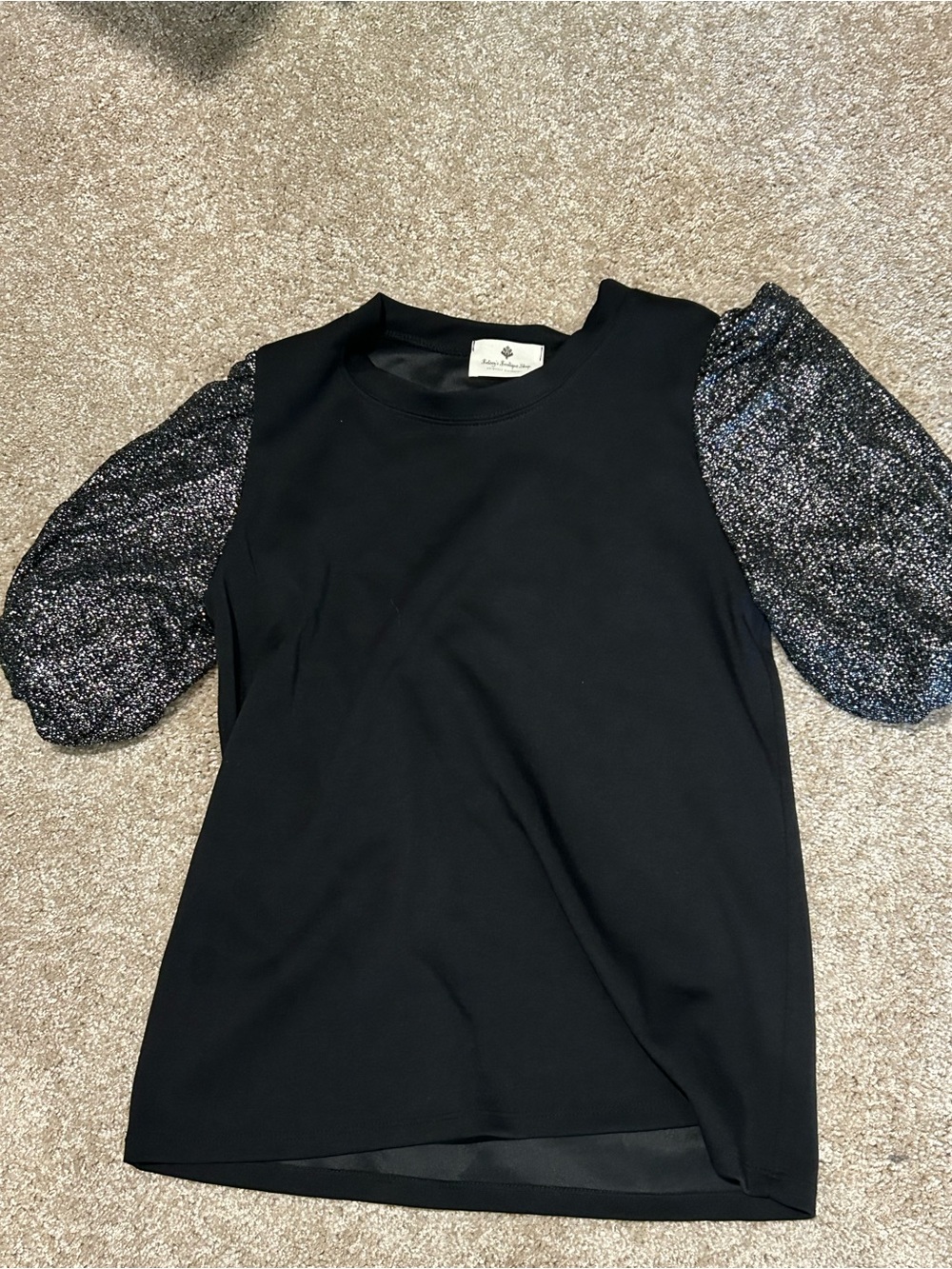 Women’s Black Short-Sleeve Top with Metallic Puff Sleeves